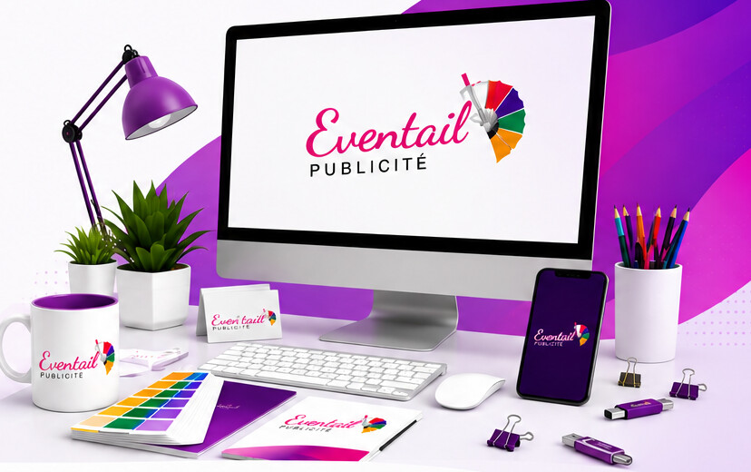 Bureau créatif Eventail Publicité : ordinateur, mug, cartes de visite, nuancier et accessoires de branding