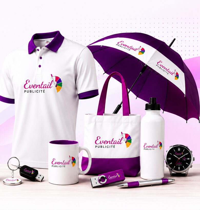Réalisations Eventail Publicité : habillage de véhicule, sac shopping, mug et supports de marque